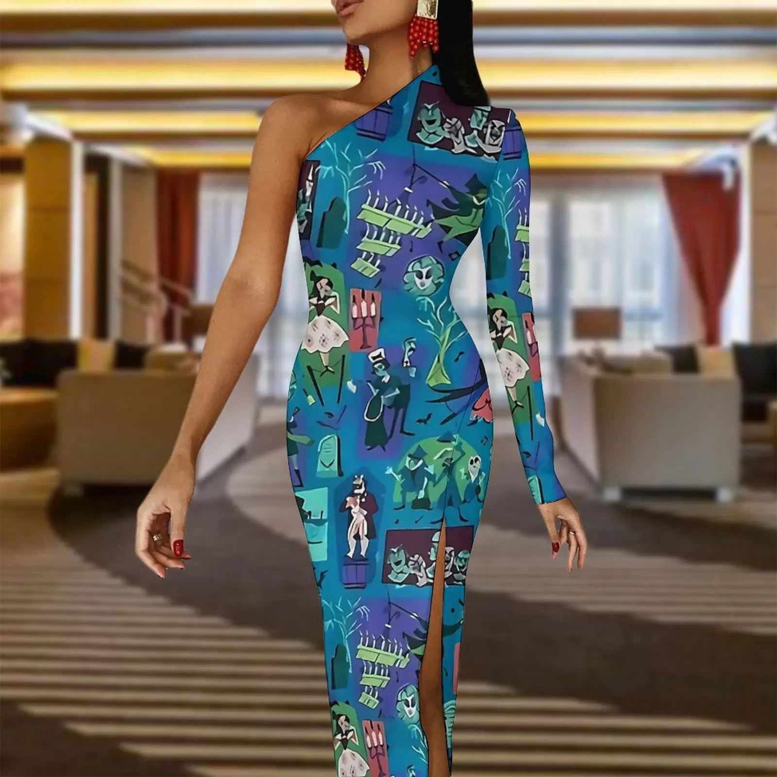 Haunted Mansion Bodycon Dress Womens Halloween Design Cute Maxi Dress One Shoulder Party Graphic Dresses Gift Idea