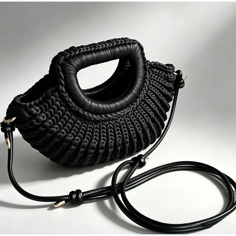 Gestrickte Garn-Umhängetasche, Einfarbige Damen-Handtasche, Schlichte Casual-Strandtasche für den Urlaub am Meer – Detail 3