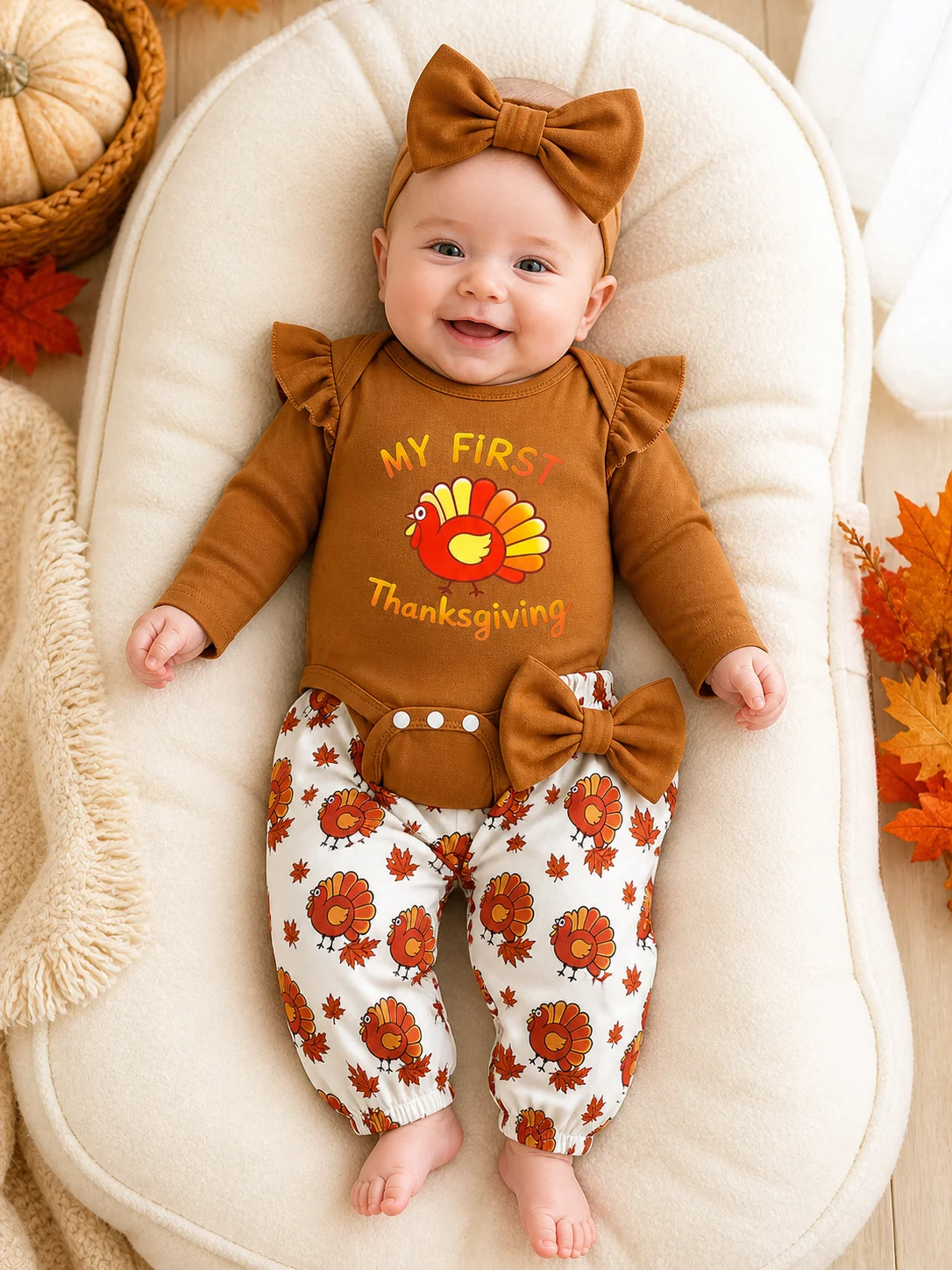 Baby Girl My First Thanksgiving Outfit Ruffle Long Sleeve Bodysuit Turkey Print Pants Bow Headband 3Pcs Fall Clothes Set