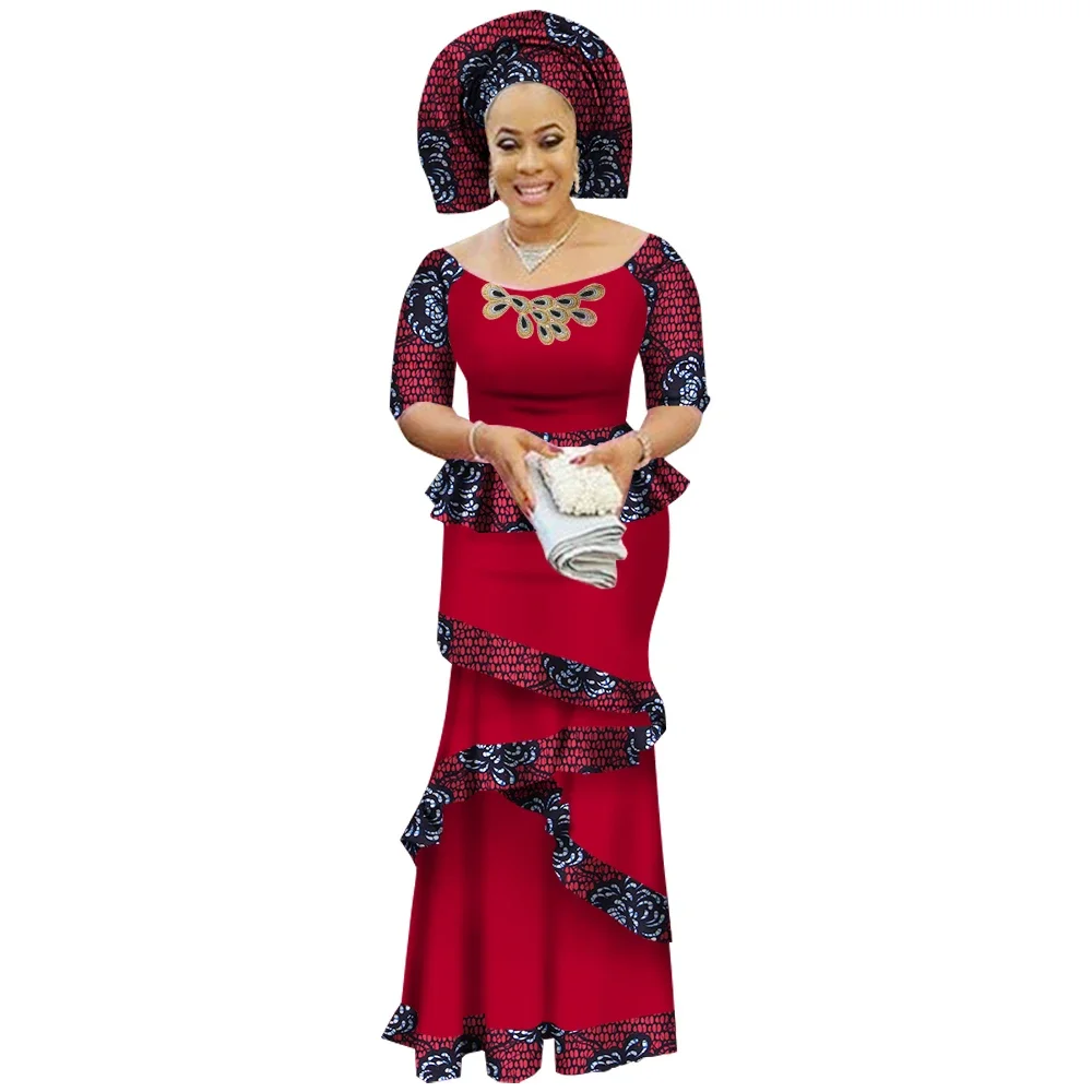 BRW privé personnalisé robe africaine Bazin Riche femmes robe trempée demi manches Y-et longue jupe imprimée grande taille M-6XL WY2412
