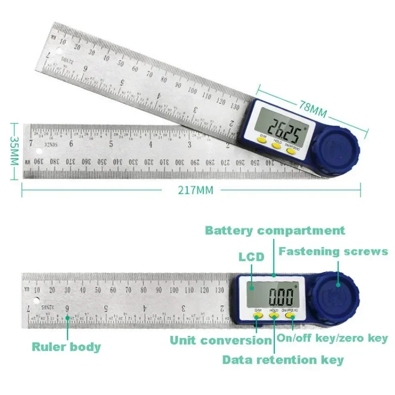 2 in 1 Multifunction 360° Digital Angle Ruler 0-200/0-300mm LCD Electron Goniometer Protractor Angle Finder Measuring Tool