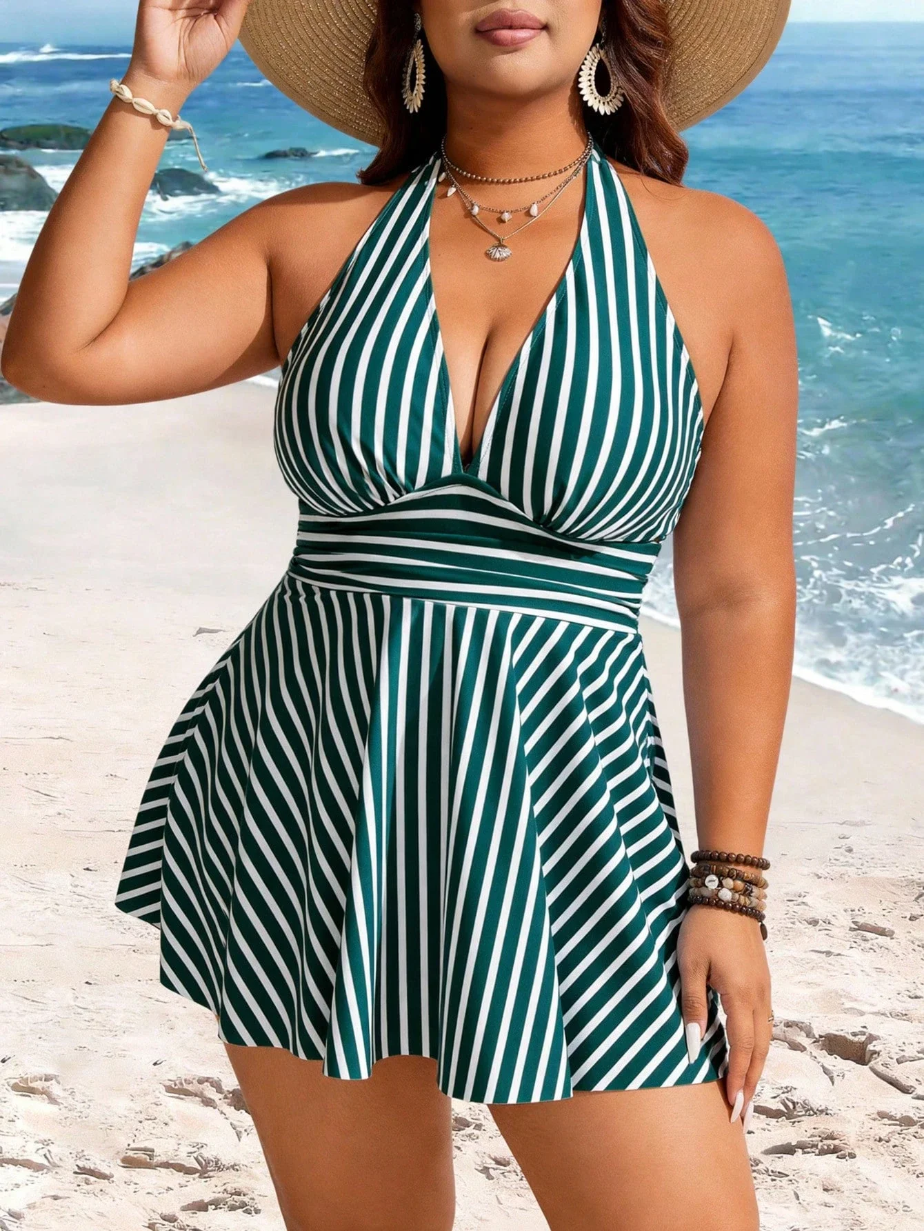 Plus Size Green White Striped Halter Tankini With Ruched Waist And Flared Skirted Bottom For Beach Resort Style