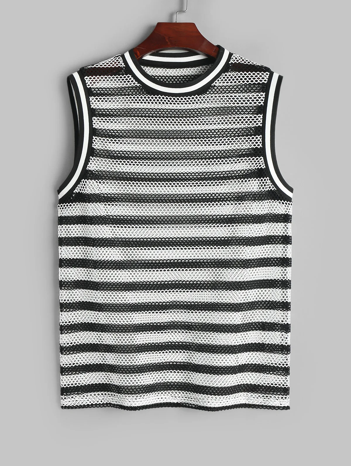 ZAFUL Striped Pattern Mesh Openwork Ribbed Collar Tank Top