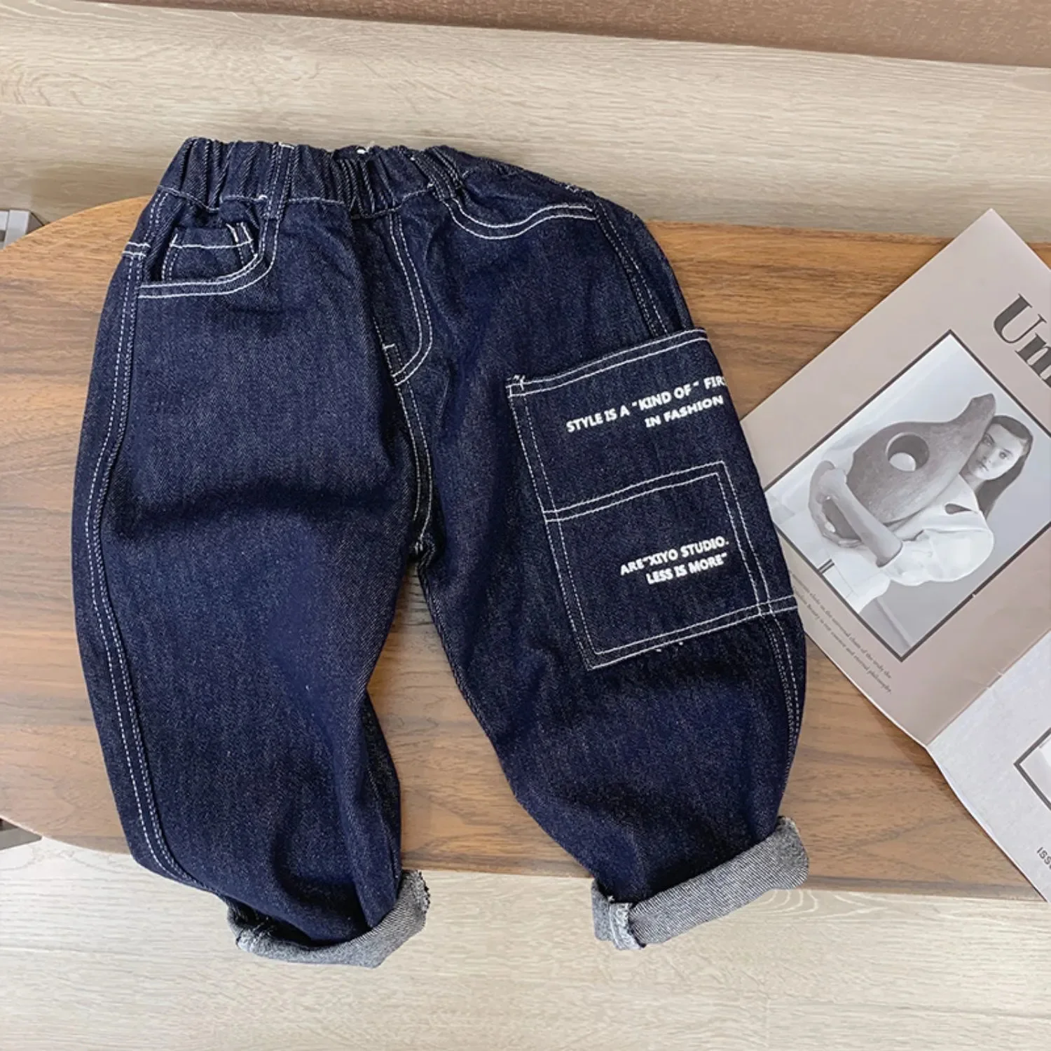 2024 New Kids' Jeans Elastic Waist Boys' Solid Loose Jogging Casual Pants Spring Autumn High Quality Clothing 2-14 Years Old