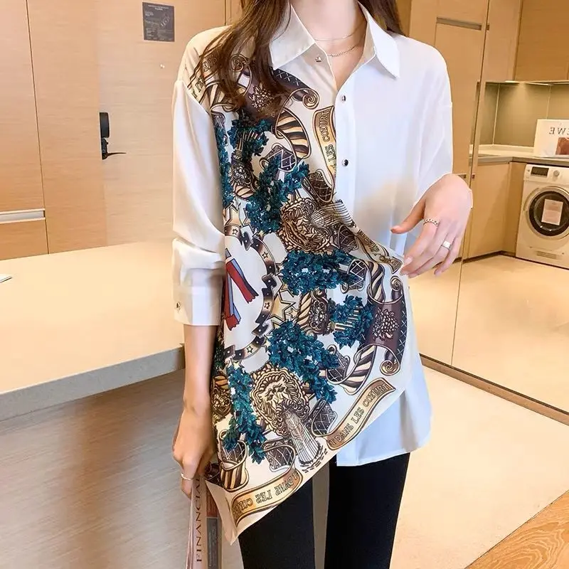 Casual Gebäude Druck Asymmetrische Hemd Frühling 2022 Neue Polo-Neck Lange Hemd Hülse Lose Einreiher Tops frauen kleidung
