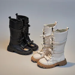 2023 autunno inverno stivali da ragazza stivali alti per bambini in stile britannico stivali lunghi da principessa con fiocco scarpe Casual per bambini antiscivolo all'aperto