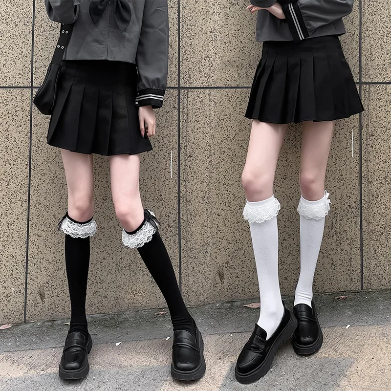 Socken, Damen-Tubussocken mit Schleife und Spitze, Wadensocken, Frühling und Sommer, dünn, schwarz