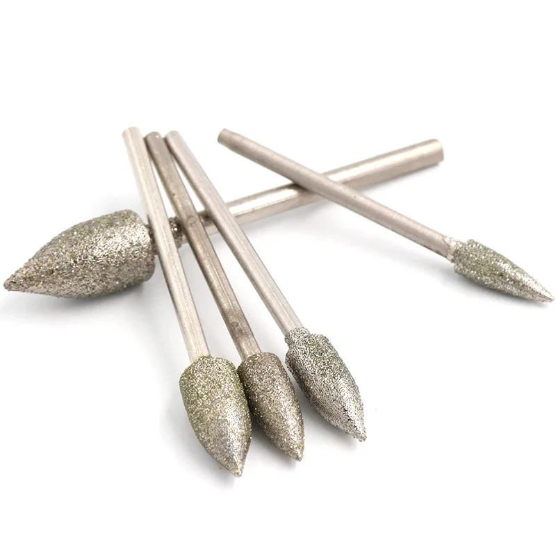 5 pezzi 1-8mm galvanica testa di molatura diamantata a forma di proiettile punta da trapano con gambo da 2.35mm lucidatura intaglio per utensili rotanti Dremel