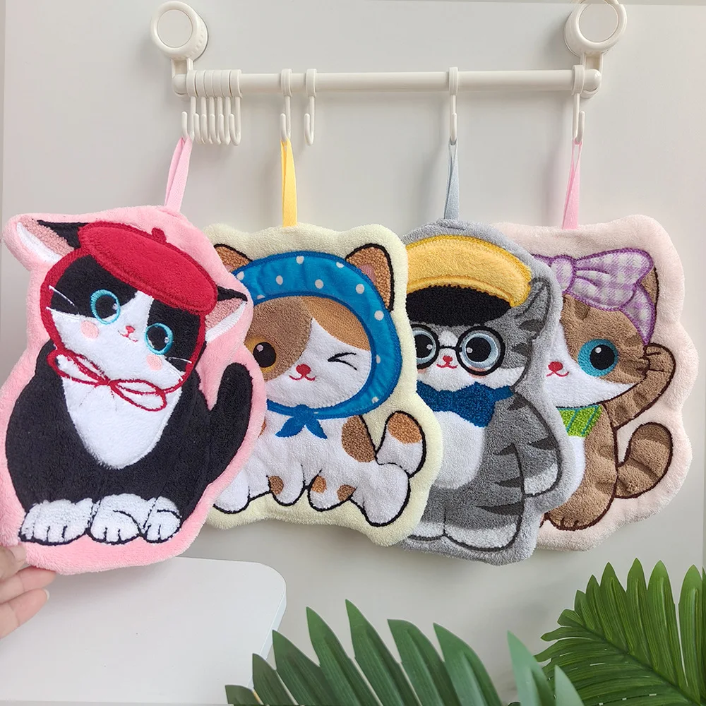 Cute Cartoon Hanging Kitchen Towel Soft Coral Fleece Absorbent Hanging Mini Towels Wipe Cloth Kids Bathroom
