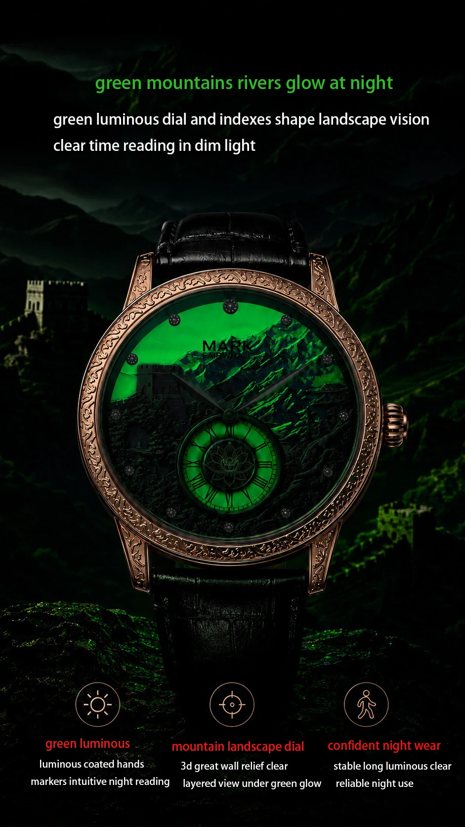 Men's Automatic Great Wall Mechanical Watch Luminous Skeleton Two Hands Small Second Sub Dial 30M Water Resistant 43MM Large Dia