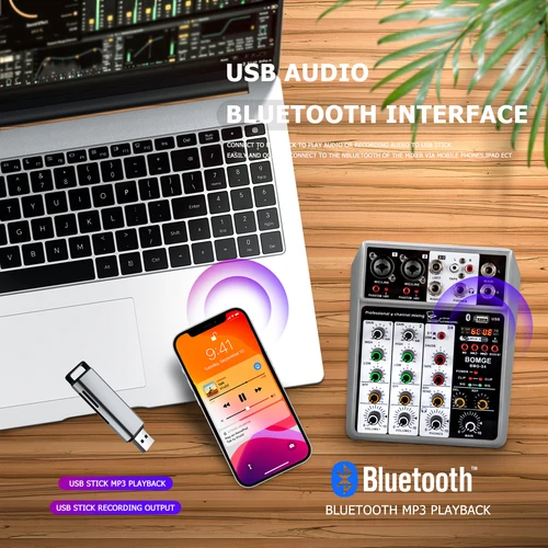 Imagen 2 del producto Mezclador de Audio profesional de 4 y 5 canales, consola mezcladora de karaoke portátil DJ con interfaz USB, tarjeta de sonido BT 48V, PC, MP3, grabación de DJ