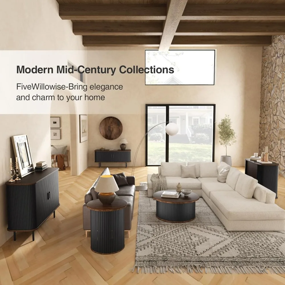 حامل تلفزيون أسود كبير بعرض 47 بوصة مع مساحة تخزين ووحدة تحكم وسائط وباب منزلق وتصميم خزانة مخدد لغرفة المعيشة الحديثة