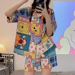 Kawaii Cute Disney Winnie The Pooh Pajamas Summer Short Sleeve Home Clothing Set Thin Loungewear Comfortable Girlfriend Gifts