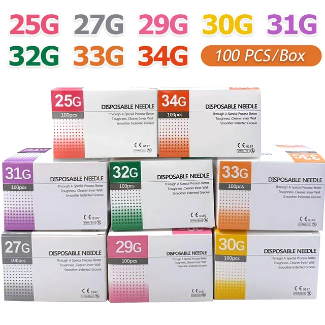 100 sztuk 25G 27G 29G 34G 33G 32G 31G 30G bezbolesne małe bardzo cienkie igły kosmetyczne jednorazowe igły do ​​wstrzykiwania 1.5/4/6/13mm