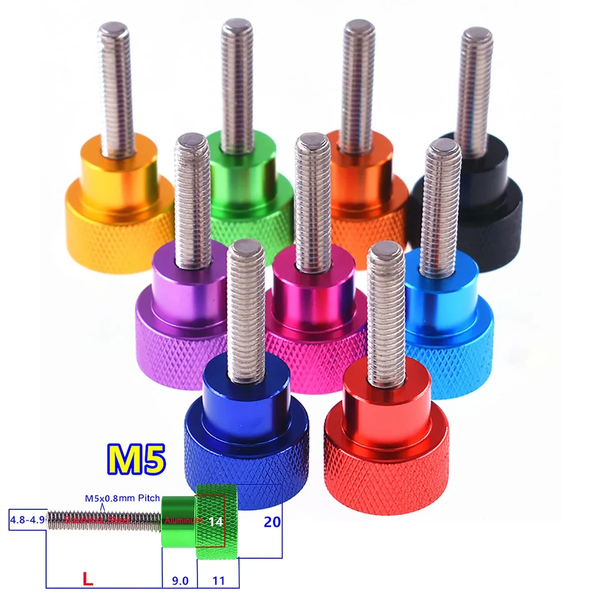 20Pc Metric M5 Anodized Aluminum High Step Thumbscrew 20x11mm Big Knurled Head Hand Tighten Screw Stainless Steel Thread 6-100mm