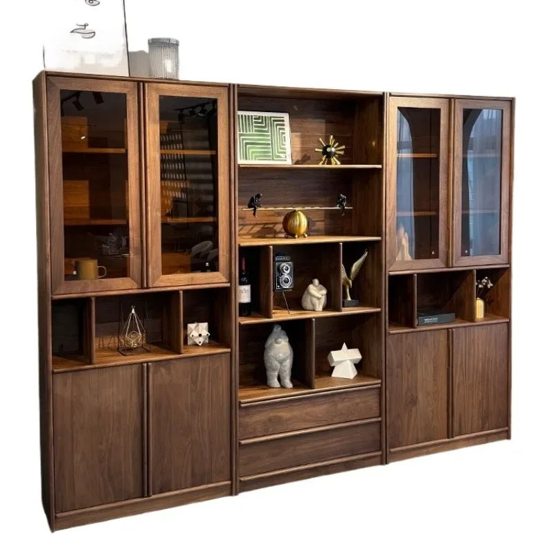 black walnut bookcase with glass door combination household whole wall study cherry wood locker floor