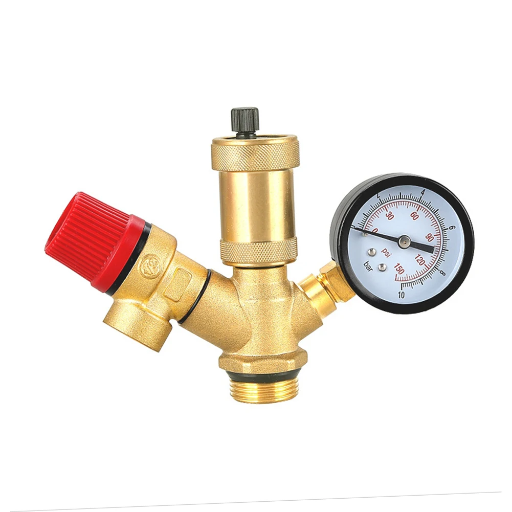 0-10 Bar Pressure Gauge Fitted Brass External Thread Safety Relief Valve for Solar Thermal Water Heater Protection