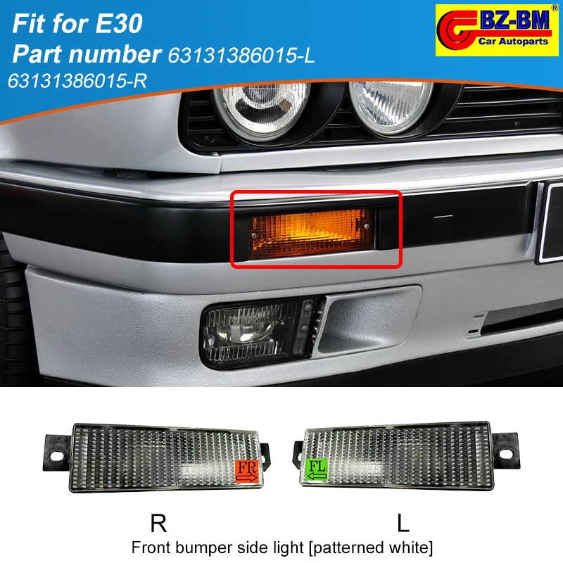 

Передний бампер автомобиля с белым узором, противотуманная фара, указатель поворота, мигалка, линза для Bmw E30 OEM 63131386015 63131386011