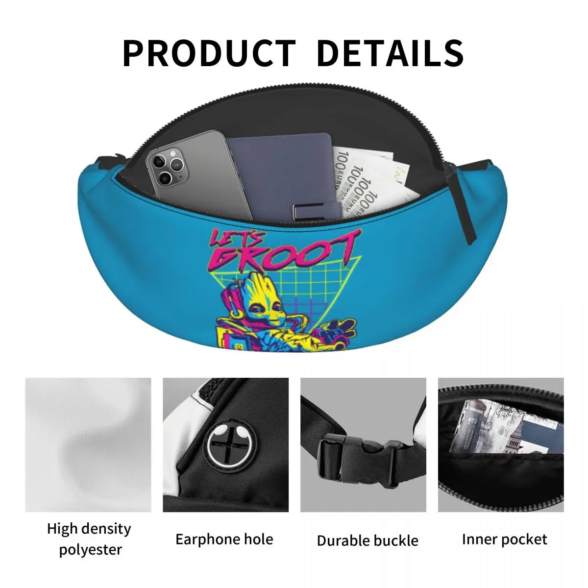 Custom permite Groot Fanny Pack para homens e mulheres, bolsa de cintura crossbody para correr, bolsa de dinheiro, guardiões da galáxia