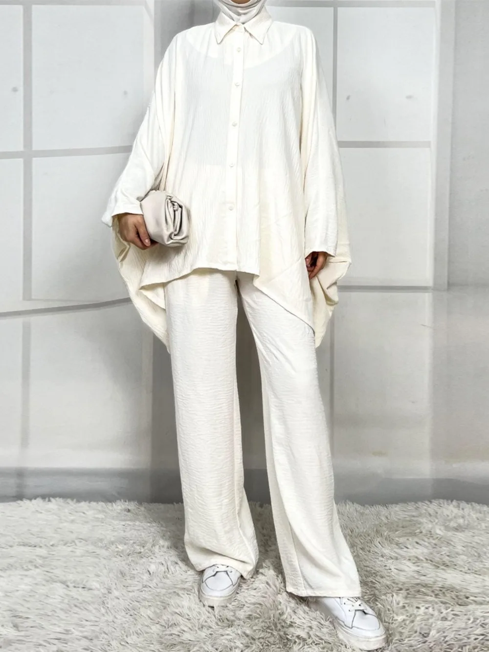 イード・ムスリムセット レディース バットスリーブ シングルブレストシャツ トップス ツーピースセット ブラウス ワイドレッグパンツスーツ アラビア ドバイ ムスリムアンサンブル