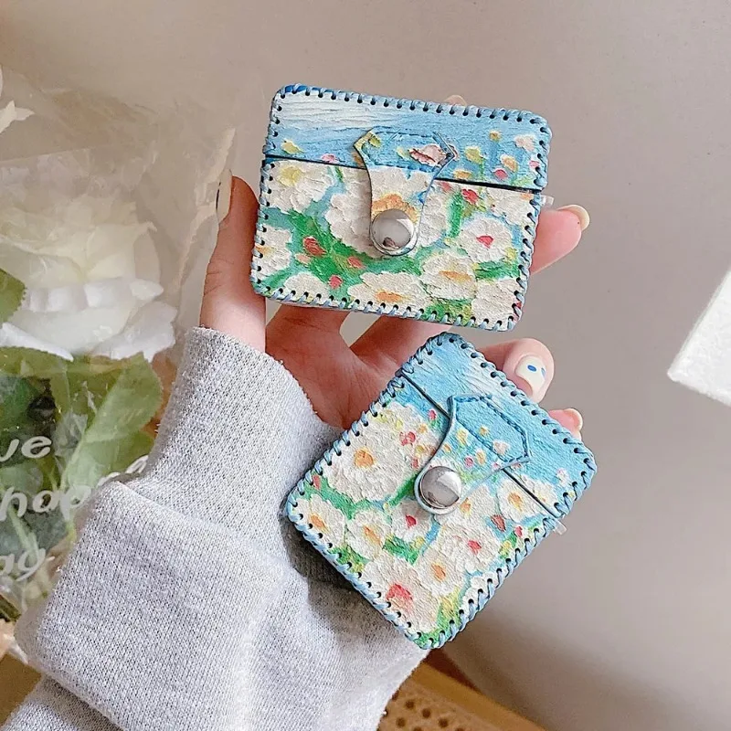 Art Flower Oil Painting Earphone Case For Apple Airpods 2 1 3 Air Pods Vintage Leather Cover For AirPod Pro Protection Box Shell