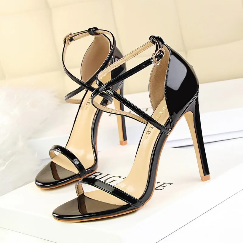 

11CM Super High Heel Hollow-out Cross Belt Sandals Summer Wedding Shoes Elegant Ladies Party Shoes Metal Buckle Strap Sandals