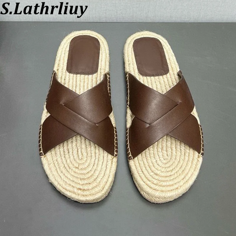 

2024 Summer Open Toed Cross Strap Flat Slippers Men Solid Color Simple Comfortable Home Slides Outdoor Leisure Vacation Shoes