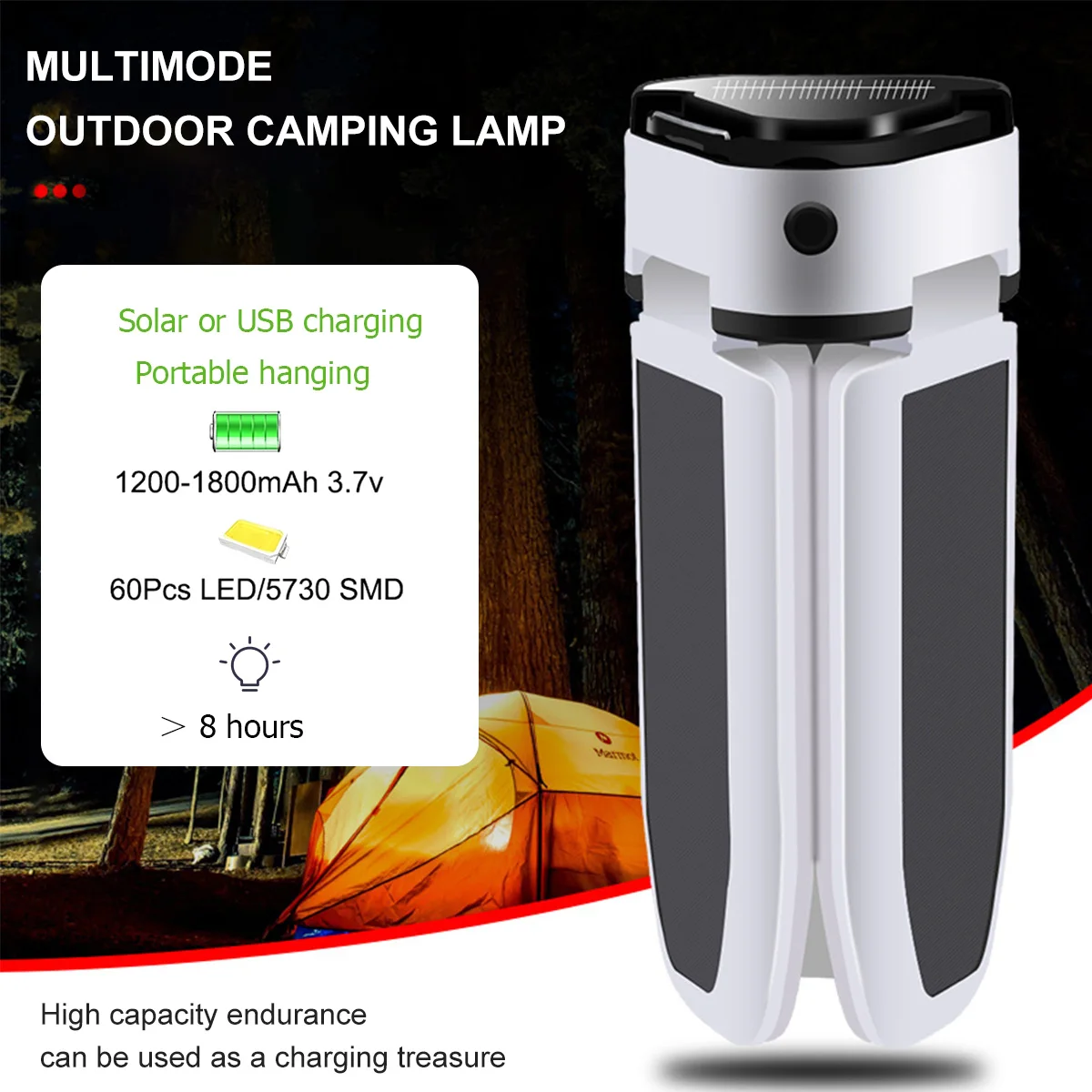 60 LEDs Solar Lantern Emergency Light Outdoor Trefoil Tent Light Mobile Power for Charging USB Rechargeable Camping Light