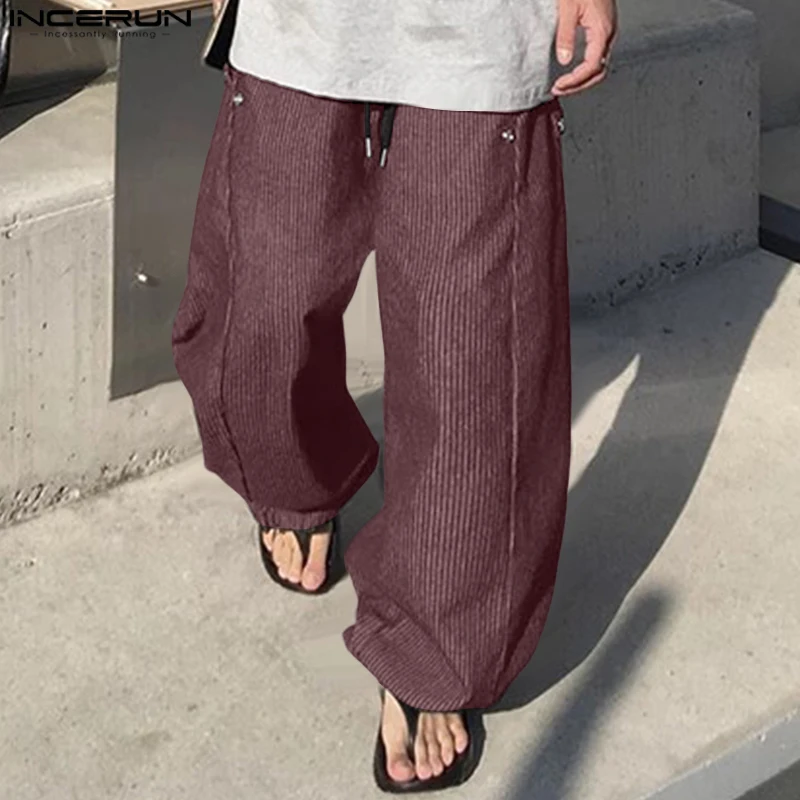 INCERUN Men Pants Striped Drawstring Joggers Loose Casual Trousers Men Streetwear 2025 Oversize Fashion Leisure Wide Leg Pants