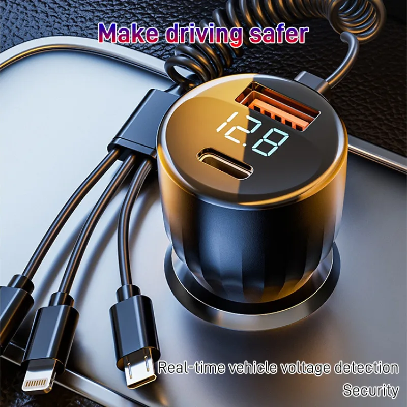 130W Car Charger With 3 in 1 Fast Charging Retractable Spring Cable PD Android Apple Type-C Car Phone Charger Super Fast Charge