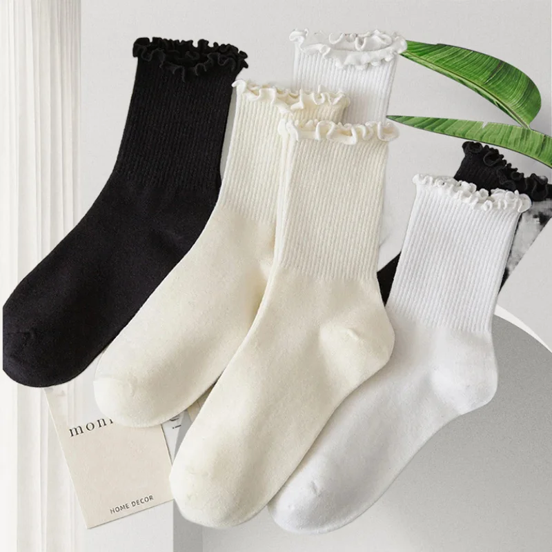 5/10 Pairs High Quality Socks Women Ruffle Cotton Middle Tube Sock Ankle Short Socks Fashion Breathable Black White Funny Sock