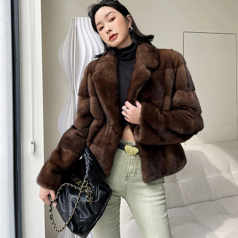 Luxury Coffee Mink Fur Coat for Women Imported Whole Piece Fur Horizontal Stripe Female Lapel Short Velvet Mink Jacket Fourrure