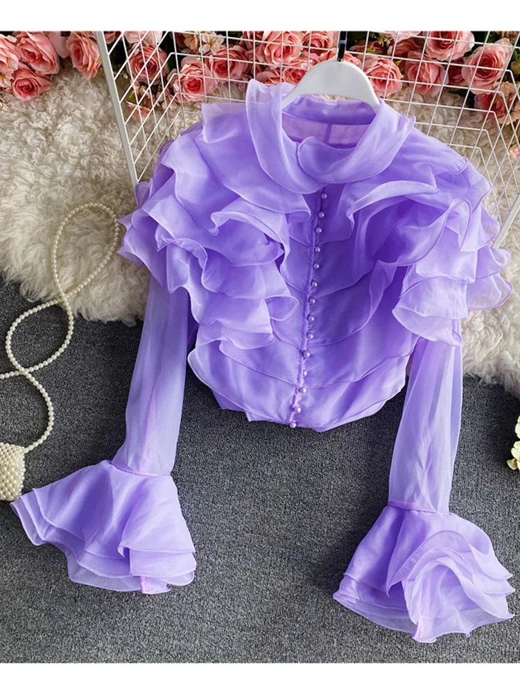 Women Springr Shirt Temperament New French Super Fairy Layer Ruffle Shirt Perspective Western Style Top Flare Sleeve D2798