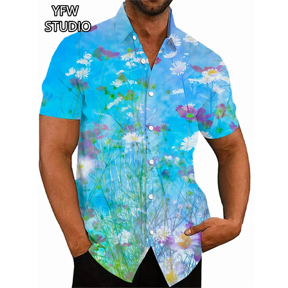 ชายเสื้อดอกไม้รูปแบบเสื้อฮาวายแฟชั่น 3D พิมพ์ Harajuku แขนสั้นปุ่มชายหาดขนาดใหญ่เสื้อบุรุษเสื้อผ้า