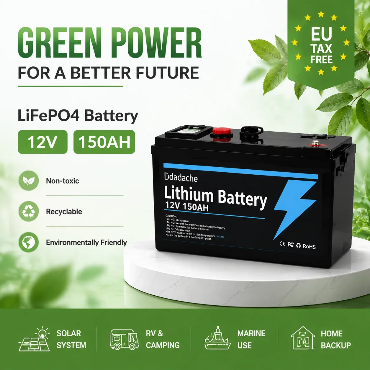 Batteria al litio ferro fosfato da 12 Volt 150Ah con oltre 4000 cicli di vita, batteria LiFePO4 ricaricabile a ciclo profondo per energia solare ed eolica, illuminazione domestica, veicoli elettrici,