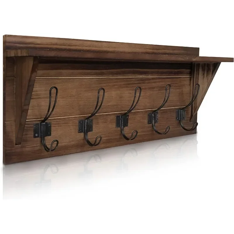 For Creations Rustic Brown Solid Wood Wall Mounted Coat Rack with Shelf, 5 Hooks, 24" Long - Kitchen, Mudroom