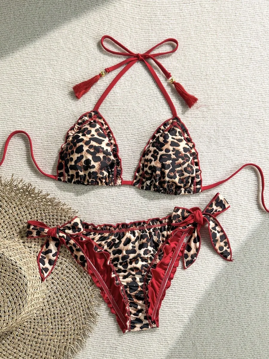 

Womens Leopard Print Frill Tie Side Bikini Set With Tassel Decor