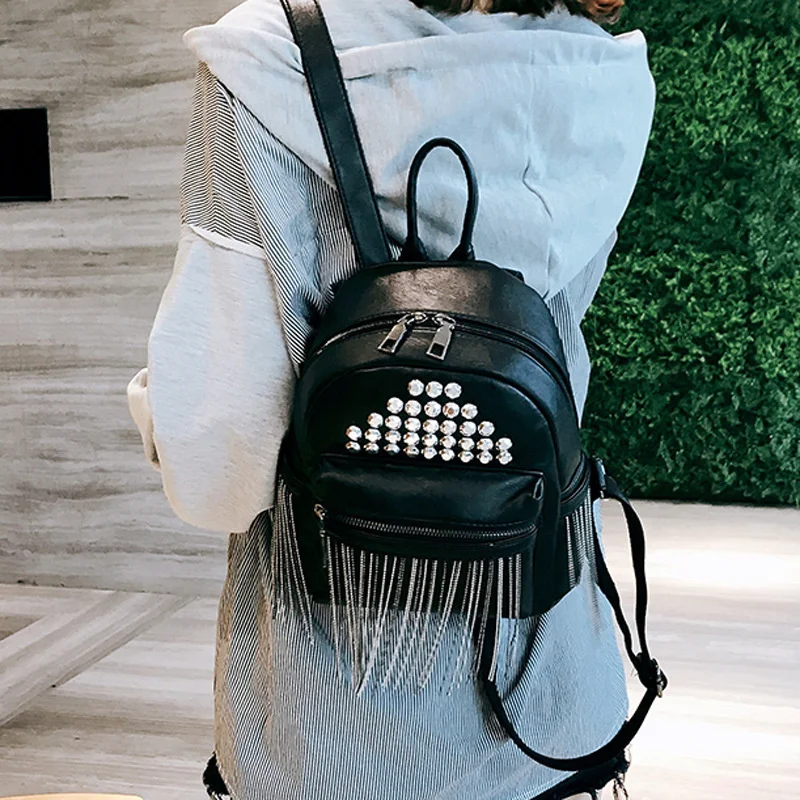 Fashion Chain Tassels Women Backpacks PU Leather Female Small Backpack for School Teenagers Girls Rivet bagpack mochila Daypack