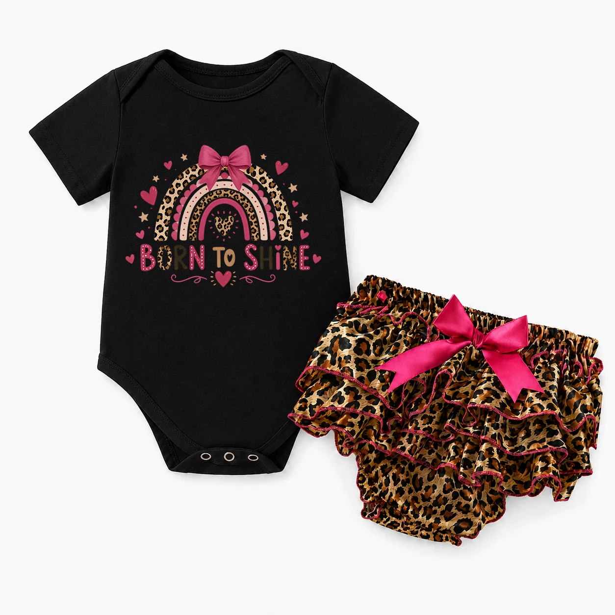 Baby Girl 2Pcs Outfit Born To Shine Leopard Rainbow Print Short Sleeve Onesie Ruffle Bloomer Shorts Set Newborn Summer Clothes