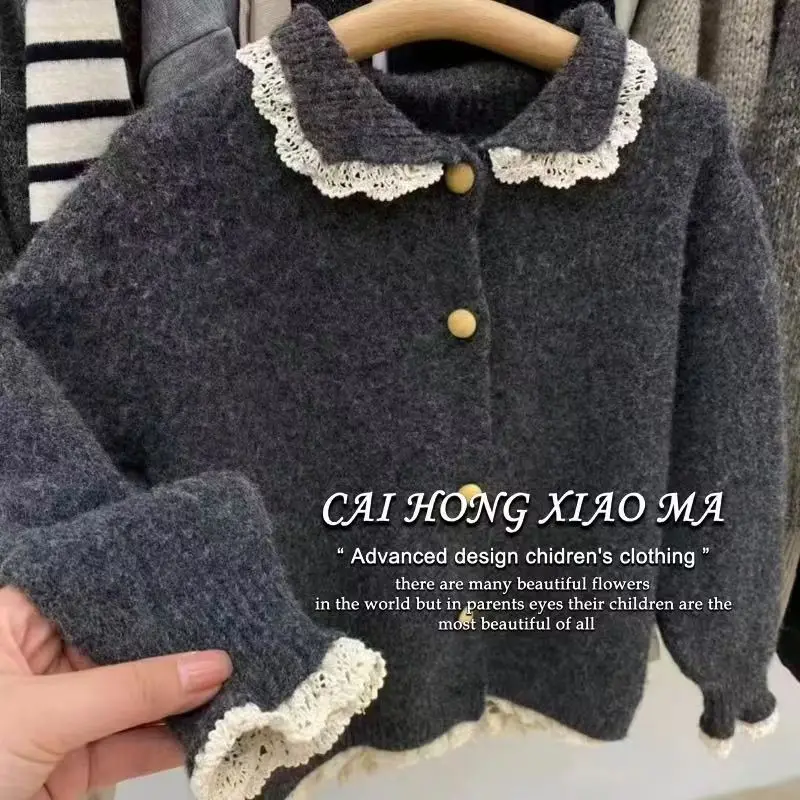 Girls' Sweater Jacket Spring and Autumn New Style Children's Sweet Lace Knitted Cardigan Jacket