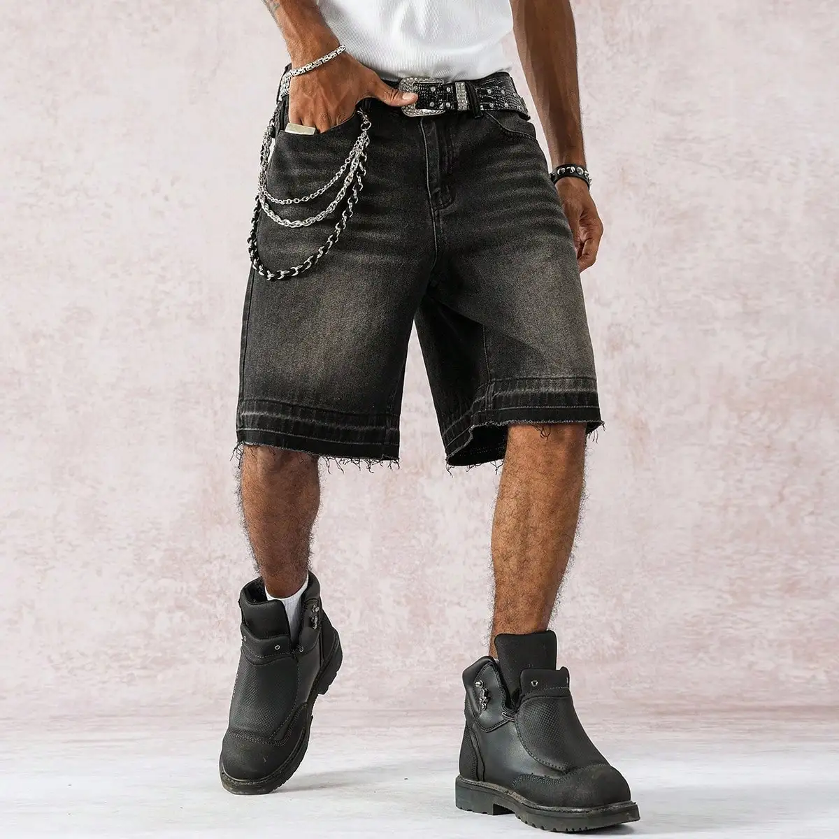 

Мужские джинсовые шорты свободного кроя с рваным краем, черные, для весны и лета, в уличном стиле