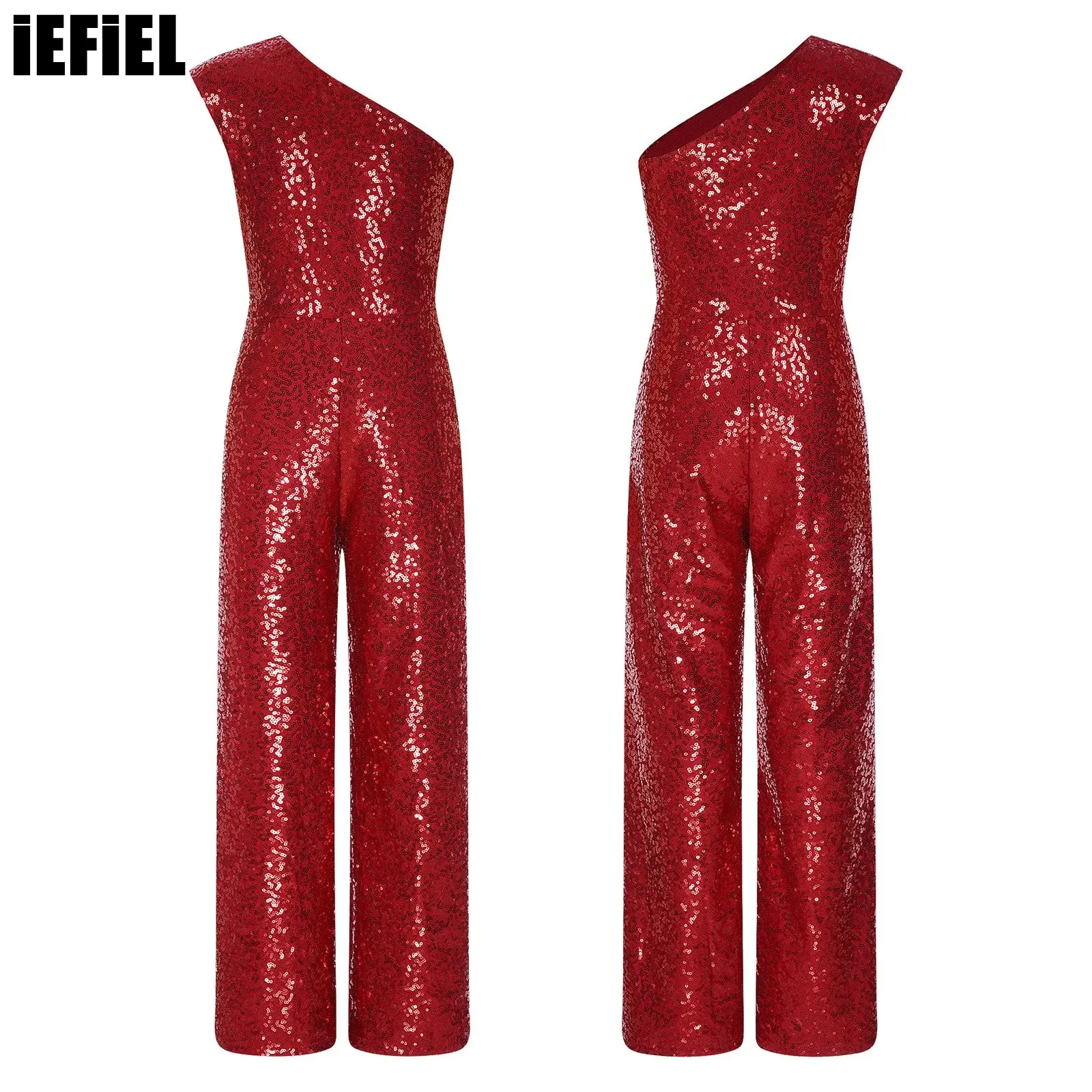 Kids Girls Sequin One Shoulder Dance Rompers Sleeveless High Waist Straight Pants One-Piece Jumpsuit for Cocktails Evenings