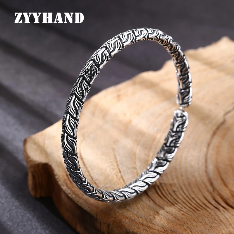 

S925 Sterling Silver Bangle Women Black Thailand Style Adjustable Free Size Fish Tail Fine Jewelry FYRNG087