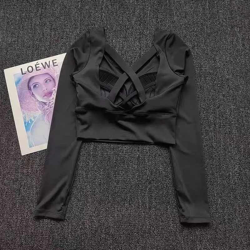 تي شيرت بدون ظهر، مع وسادات صدر، تي شيرت يوغا مقاوم للصدمات بأكمام طويلة، قميص رياضي سريع الجفاف وجيد التهوية، ملابس لياقة بدنية نسائية #4