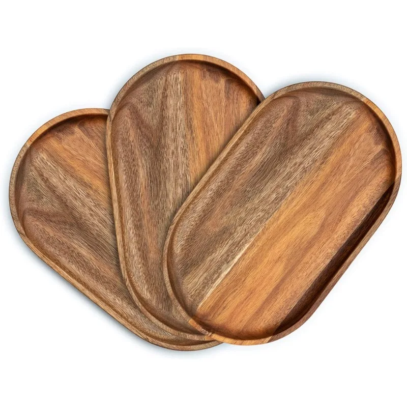 

Wood Plates Set of 3 Acacia Wooden Dinner Plates Serving Trays 12 Inch Rectangular Wooden Serving Platters for Home Decor