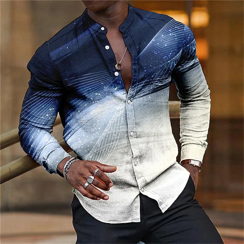 Camisa de peito único versátil masculina, manga comprida, lapela céu estrelado, moda de rua casual, outono