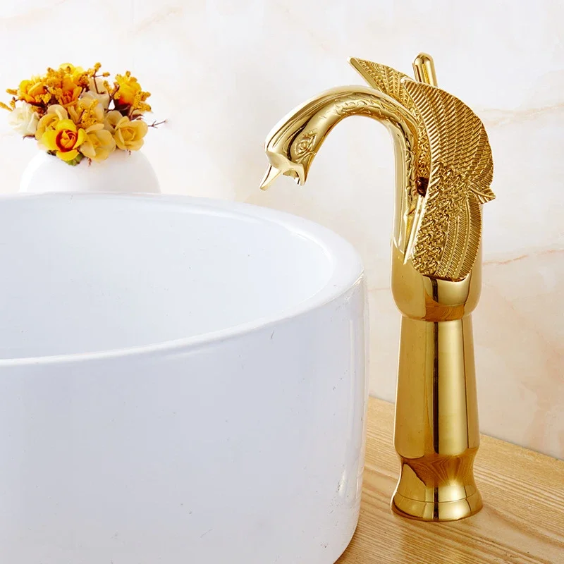 Gold-plated bathroom faucet luxury gold swan shaped faucet double handle deck mounted faucet solid brass