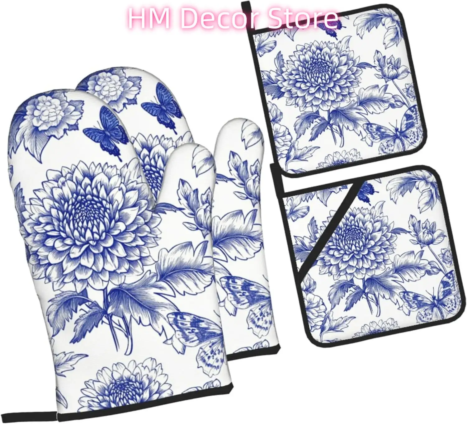 Blue White Dahlias Oven Mitts and Pot Holders Sets of 4, Aesthetic Plants Country Heat Resistant Oven Mitts,Non-Slip Cooking Glo