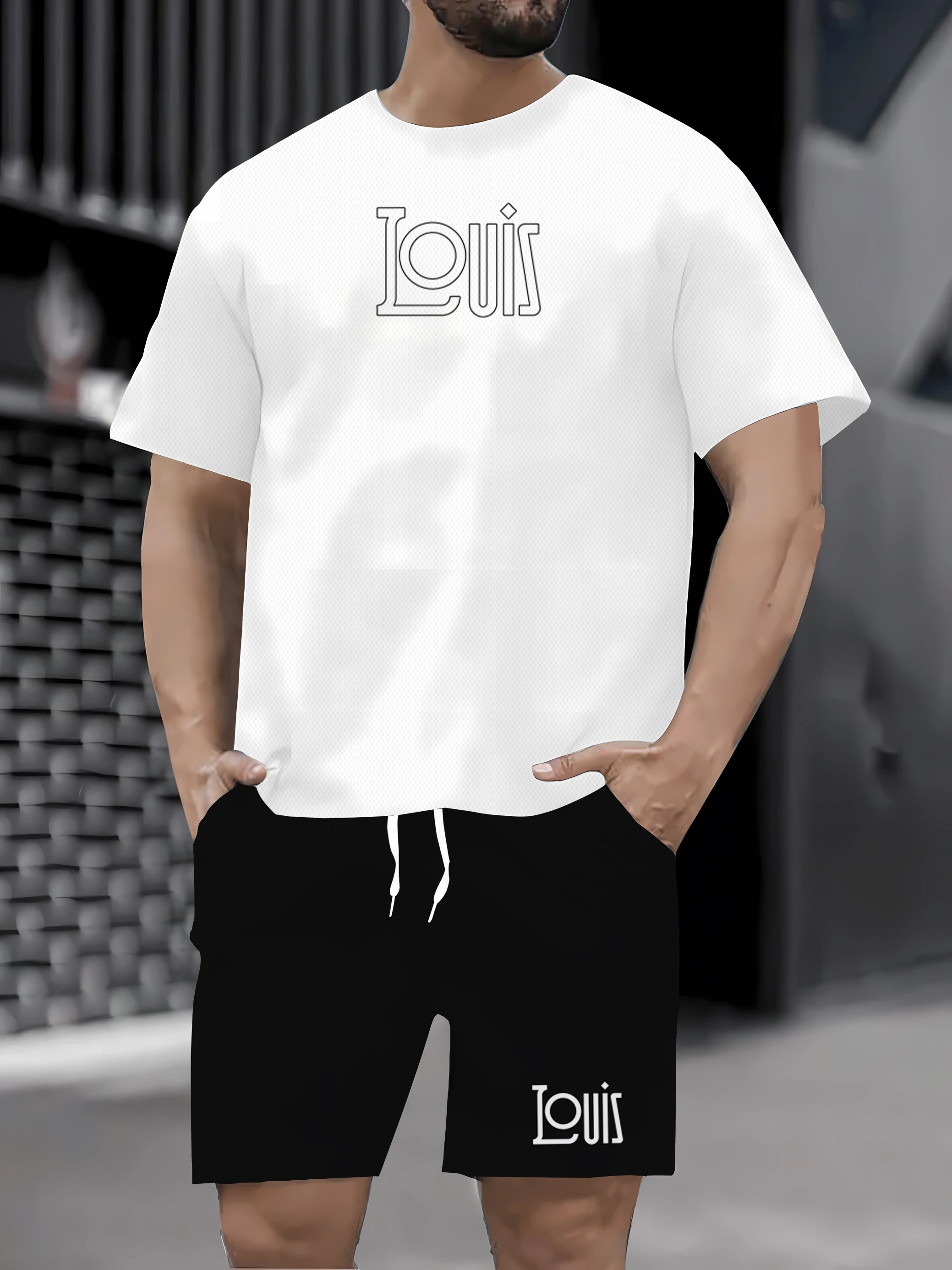 

Novo conjunto masculino de malha camiseta shorts de duas peças roupas esportivas treinamento de fitness correndo conjunto de cam