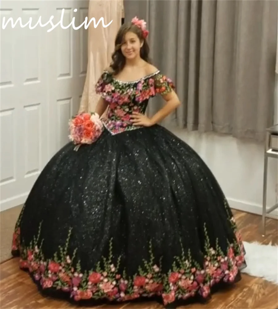 Charro Black Mexican Quinceanera Dress Off Shoulders Ball Gown Costume Halloween Vestidos De 15 Años Birthday Party Customized